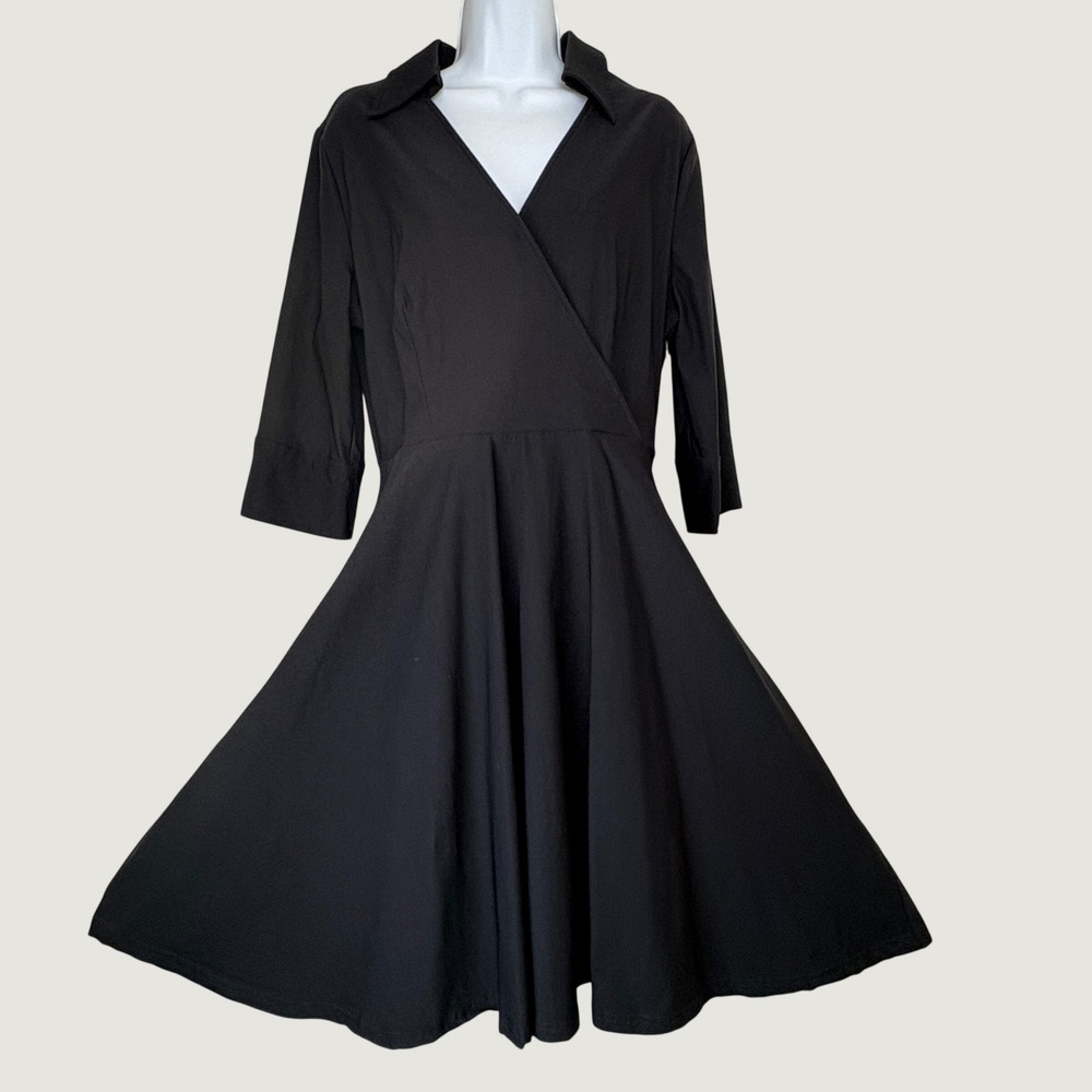 Miusol Womens XL Fit and Flare Dress Black 3/4 Sleeve Collared Wrap V-Neck Retro